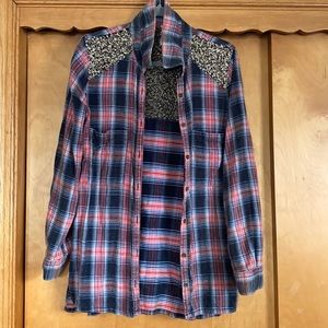 FREE PEOPLE red and blue plaid sequin flannel shirt